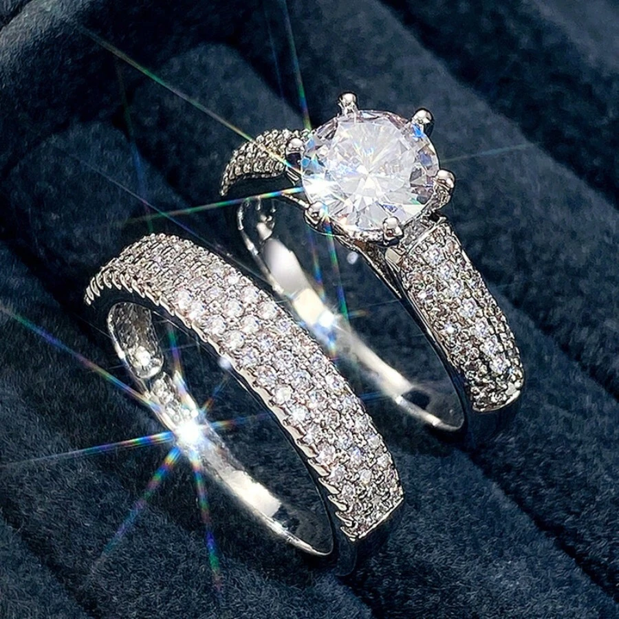 2 piezas de anillos de aleación de plata de lujo con circonia incrustada, elegantes para uso diario o como anillo de compromiso, para mujer - Plateado - Ver 1