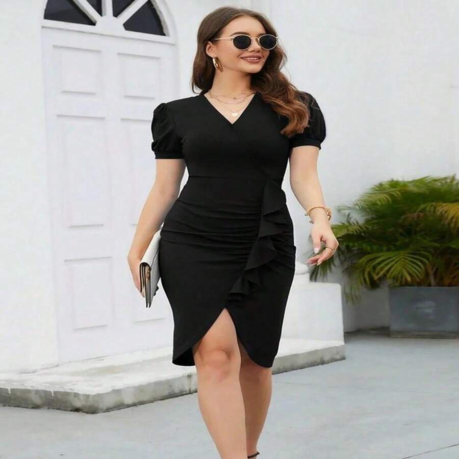 VESTIDO ESCARLONA MANGA PRINCESA FORMAL CASUAL FRESCO MUJER - Negro - Ver 1