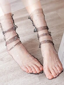1pair Transparent Black Mesh Thin Glitter Star Ankle Socks, Spring/Summer - Black - View 3