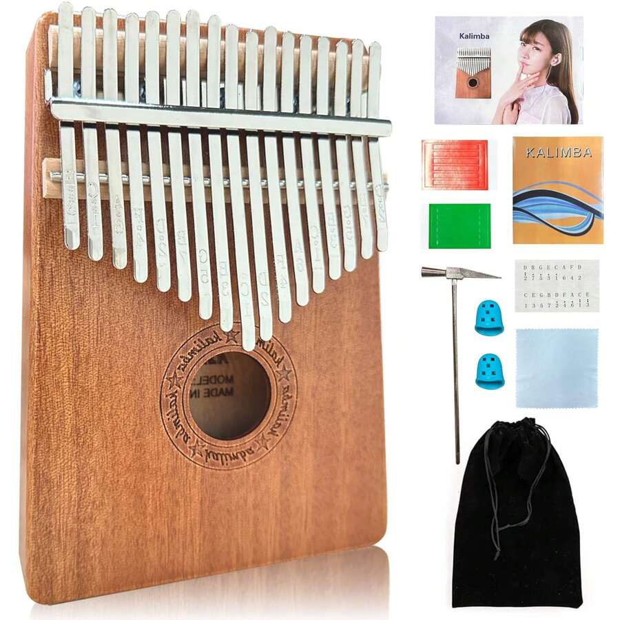 SHIXIONG Piano de pulgar kalimba 17 teclas, Instrumento musical portátil con martillos de afinación, con instrucciones de aprendizaje, bueno como regalo de Navidad, regalo de cumpleaños, niños y adultos - Color caoba - Ver 1