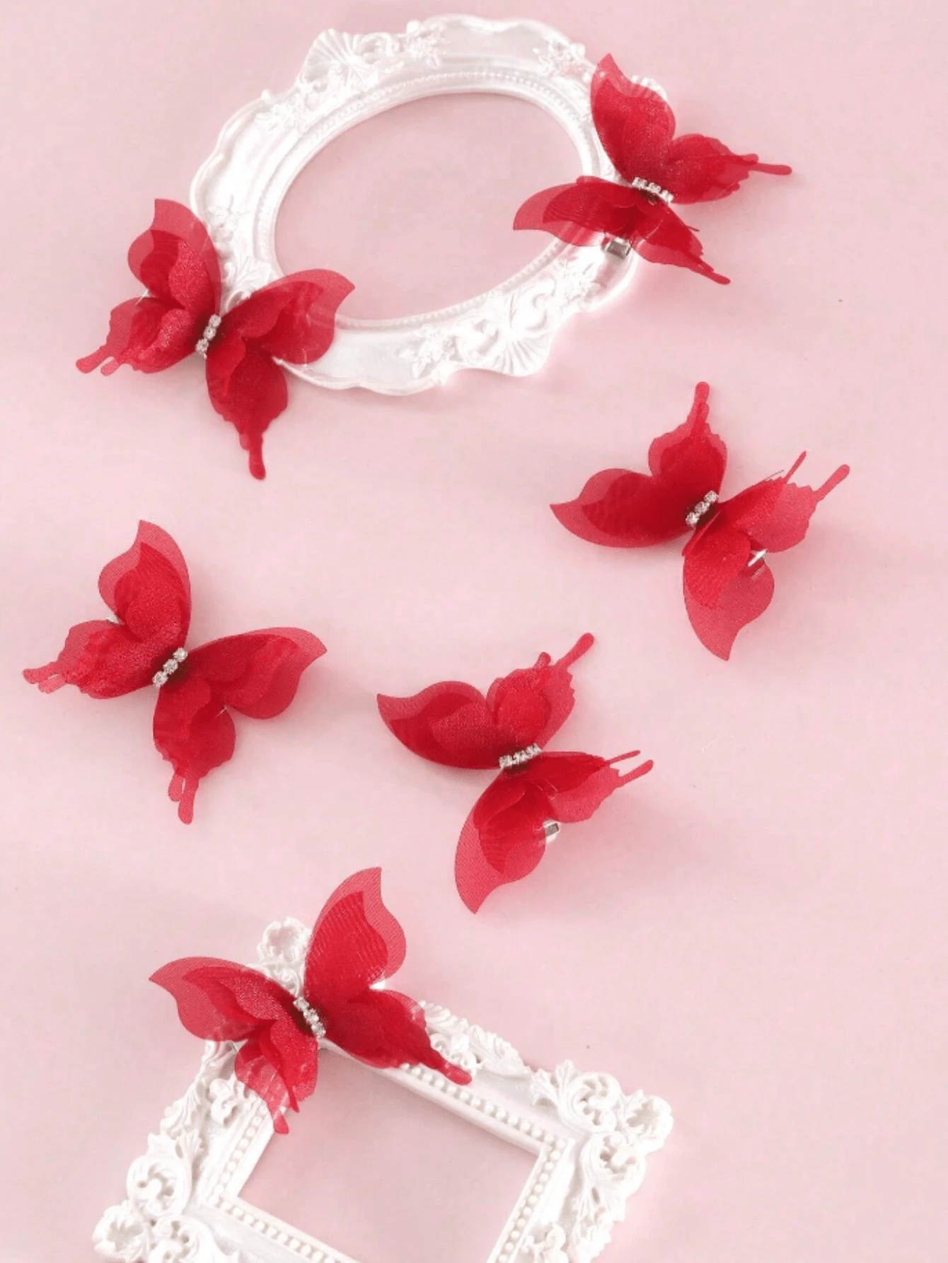 6pcs Lace & Rhinestone Butterfly Hair Clips, Suitable For Daily Use Claw Clips Hair Claws Hair Barrettes, School Stuff, Looks Of Party, Hair Accessories, Head Accessories - Red - View 1