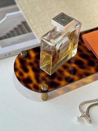 1 pezzo Vassoio in metallo stile Ins con stampa tartarugata e leopardata, palline in legno, supporto per aromaterapia asimmetrico geometrico trasparente, accessorio di lusso per la decorazione della casa, vassoio a specchio nero in acrilico a forma di luna