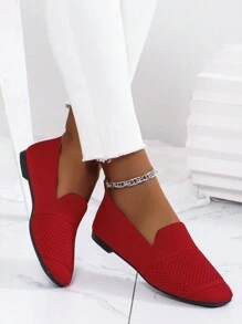 Women's Knitted Flat Loafers, Comfortable Square Toe Dolly Shoes, Breathable Mother Shoes For Spring/Autumn