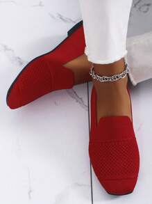 Women's Knitted Flat Loafers, Comfortable Square Toe Dolly Shoes, Breathable Mother Shoes For Spring/Autumn