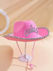 1pc Women's Western Crown Cowboy Hat, Feather Decor, Sequin Trim, Pink Western Cowboy Hat, Stage Hat