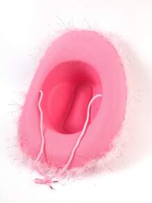 1pc Women's Western Crown Cowboy Hat, Feather Decor, Sequin Trim, Pink Western Cowboy Hat, Stage Hat