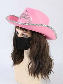 1pc Women's Western Crown Cowboy Hat, Feather Decor, Sequin Trim, Pink Western Cowboy Hat, Stage Hat