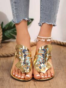 New Cross-Border Colorful Embroidered Design For Spring & Summer - Golden 3D Butterfly, French Lychee Pattern, Retro Style - Suitable For Beach Parties, Shiny, Non-Slip Women's Flat Sandals - Gold - View 3