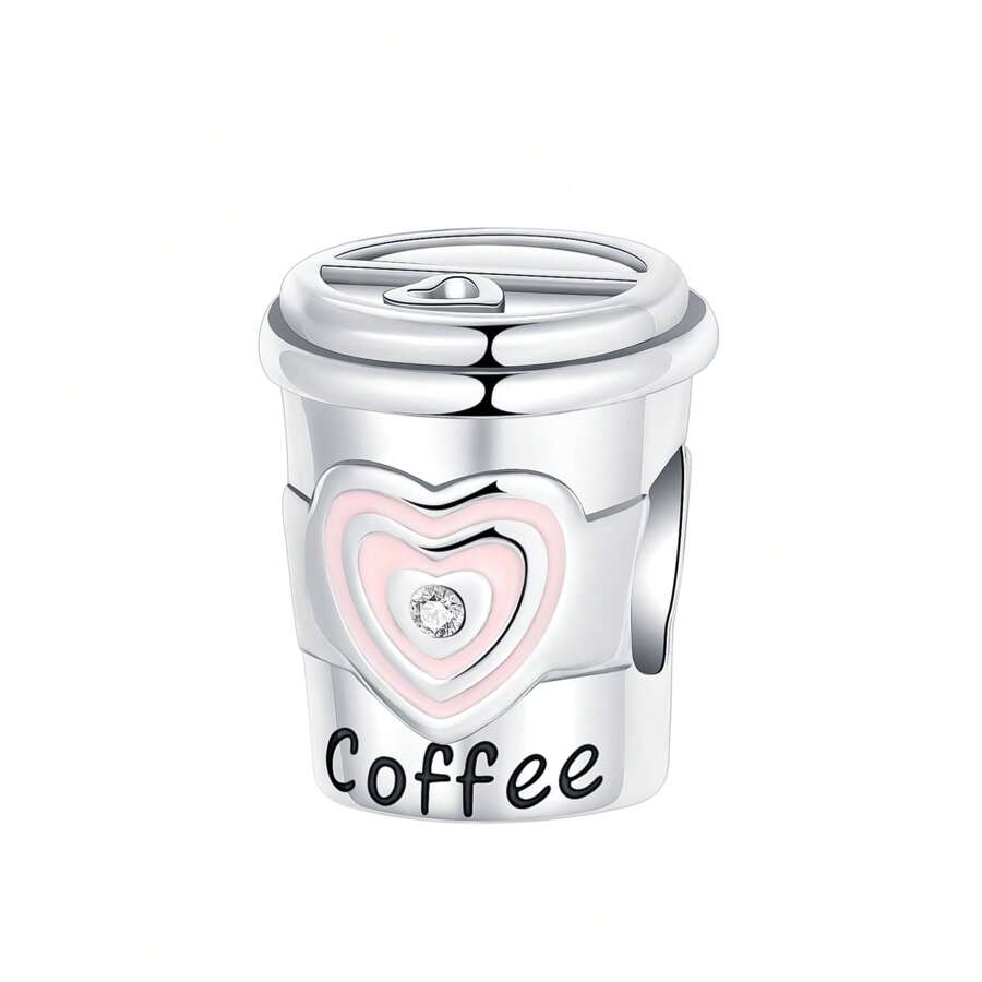 Silver Plated Charm Pink Love Coffee Cup Silver Cubic Zirconia Series Charm Bead Is Suitable For Diy Female Bracelet Cubic Zirconia Pendants