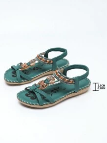 Bohemian Style Frühlingskollektion 2023, Sandalen mit flachen Blumen und Strasssteinen in großen Größen, Mode, Strand Schuhe mit offener Spitze