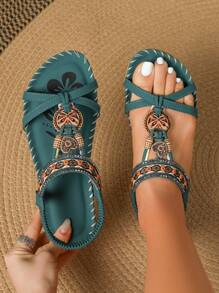 Bohemian Style Frühlingskollektion 2023, Sandalen mit flachen Blumen und Strasssteinen in großen Größen, Mode, Strand Schuhe mit offener Spitze