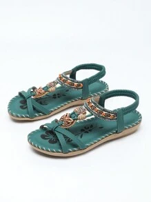 Bohemian Style Frühlingskollektion 2023, Sandalen mit flachen Blumen und Strasssteinen in großen Größen, Mode, Strand Schuhe mit offener Spitze