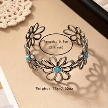 1pc Boho Flower Open Bangle Bracelet - Vintage Silver Hand Jewelry For Women - Silver - View 6