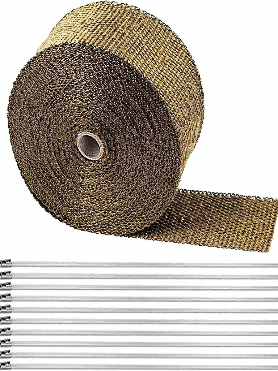 Motocicleta Cinta Termica Para Escape (headers) 10 Metros,Cinta térmica de escape de titanio, 2 x 16.5 pies con 10 bridas de acero inoxidable, cinta térmica de fibra de basalto para motocicletas y coches,Térmica de Escape, 2'' x 16.5' Fibra de Vidrio Negra Resistente al Calor Cinta de Aislamiento Térmico de Silenciador para Moto con 10 Ataduras de Cierre Inoxidable - Amarillo - Ver 1