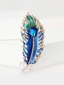 Faux Pearl & Rhinestone Decor Feather Design Brooch - Blue - View 2