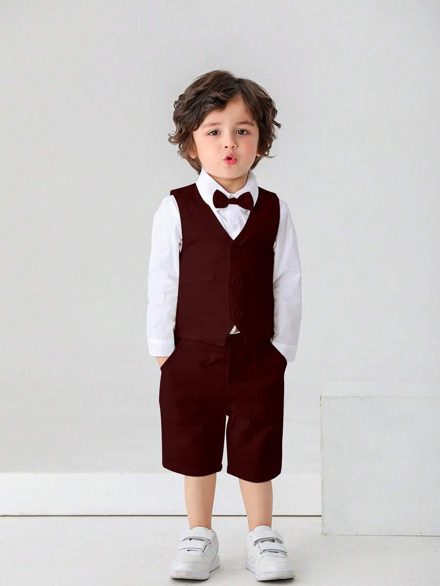 3 pezzi Completo da Gentiluomo per Ragazzi Giovani - Camicia Bianca con Papillon, Gilet Bordeaux e Pantaloncini, Alla Moda e Adatto per Feste di Compleanno, 1° Compleanno, Matrimoni, Occasioni Formali - Bordò - Visualizzare 1
