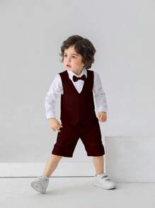 3 pezzi Completo da Gentiluomo per Ragazzi Giovani - Camicia Bianca con Papillon, Gilet Bordeaux e Pantaloncini, Alla Moda e Adatto per Feste di Compleanno, 1° Compleanno, Matrimoni, Occasioni Formali - Bordò - Visualizzare 8
