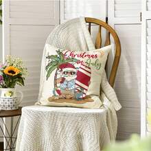 1入7月聖誕老人棕櫚樹衝浪圖案亞麻靠墊套，18x18英寸，夏季假期季節性室內家居裝飾，適用於客廳臥室餐廳汽車座椅裝飾 - 彩色 - 查看 2