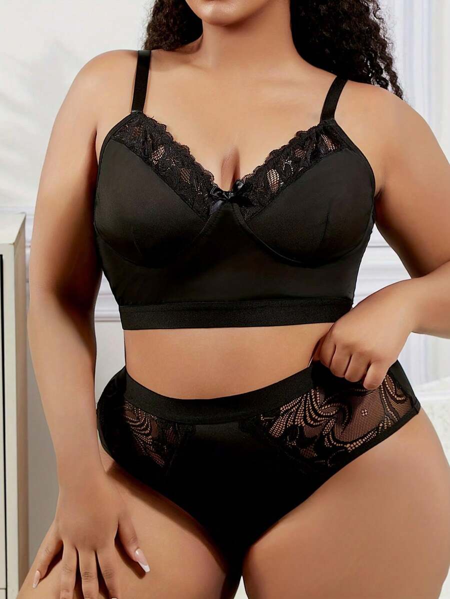 2 piezas Conjunto de lencería sexy de talla grande para mujer, hecho de material de seda de leche cómodo y delicado con elasticidad media, con detalles de encaje, acento de lazo frontal, tirantes elásticos ajustables, uso durante todo el año, look elegante y sexy - Negro - Ver 1