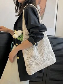 女款鏤空針織單肩包 簡約鉤編手提包 輕量休閒鏤空圖案鉤編包 - 米色 - 查看 9