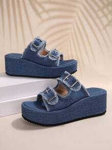 Women's Fashionable Casual Camouflage Thick Bottom Wedge Heel Sandals For Outdoor Travel And Vacation - Baby Blue - View 6