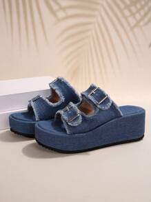 Women's Fashionable Casual Camouflage Thick Bottom Wedge Heel Sandals For Outdoor Travel And Vacation - Baby Blue - View 7