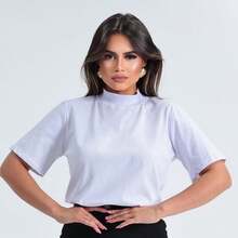 Women's High Neck Cotton Shirt - trắng - Xem 2