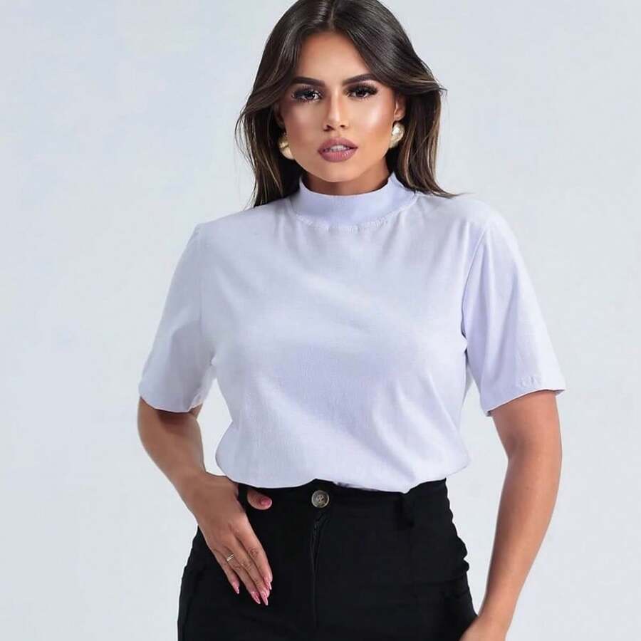 Women's High Neck Cotton Shirt - trắng - Xem 1