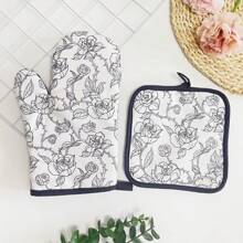 2pcs Black And White Printed Thick Kitchen Oven Gloves And Heat Insulation Mats, Microwave-Oven Baking Mitts, High Temperature Resistant