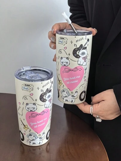 1pc Original Cute Music Cat Design 20oz (600ml) Stainless Steel Double-Walled Insulated Cup, Coffee Cup, Water Bottle, Travel Mug, Festival Gift, Birthday Gift, Student Cup, Highly Attractive Value (Without Straw)