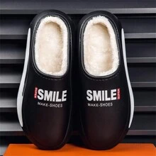 Super Light & Warm Couple's Slippers, Thermal Lined, PU Leather, Plus Size Women, Slip-On, Anti-Slip , Waterproof & Snow-Proof, Warm Outdoor Winter Shoes, Random Asymmetrical Pattern - Black - View 9