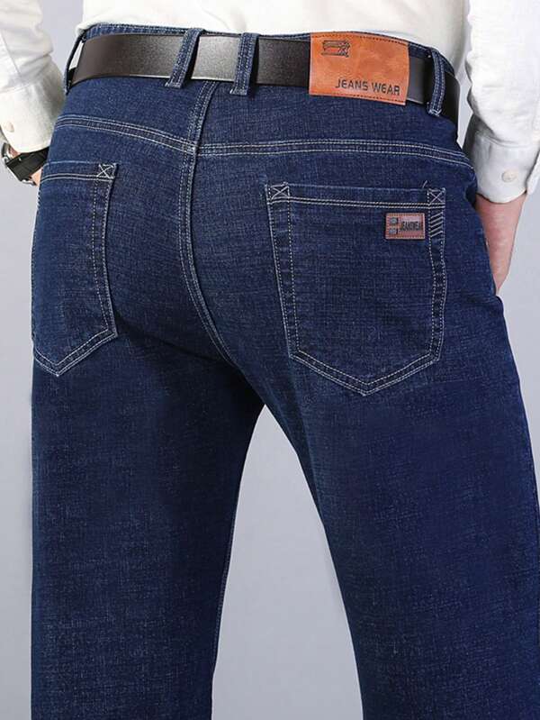 Jeans de elasticidad para hombre, de negocios informal con pierna recta y corte ceñido para trabajar o viajar, de color azul