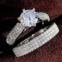 2 piezas de anillos de aleación de plata de lujo con circonia incrustada, elegantes para uso diario o como anillo de compromiso, para mujer - Plateado - Ver 4