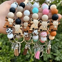 1pc/6pcs Cartoon Animals Brown Cow Bull Head Silicone Bead Bracelet Keychain Charm For Ladies Western Retro Fringe Wristlet Key Ring Accessories Gifts - Multicolor - View 2
