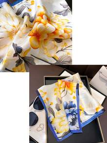 1条女士春秋季中国风百搭印花桑蚕丝围巾，通勤领巾 - 藍色 - 查看 4