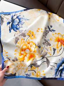 1条女士春秋季中国风百搭印花桑蚕丝围巾，通勤领巾 - 藍色 - 查看 1