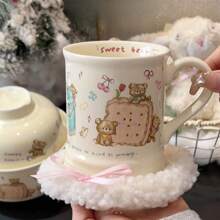1 Peça Caneca Cerâmica Fofa de Cookie com Urso Pintado à Mão de 350ml, Estilo Cremoso para Café da Manhã, Leite, Café ou Chá, Caneca para Casal Voltar às Aulas