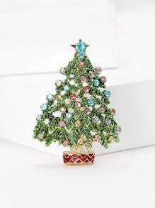 1pc Fashionable Rhinestone Christmas Tree Shaped Brooch Suitable For Christmas Wearing - Green - View 2