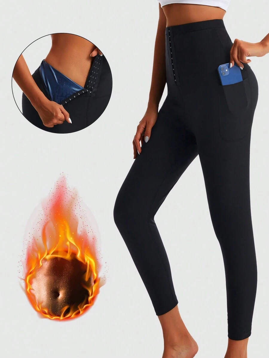 Women's Cropped Sweat-Wicking Anti-Cellulite Leggings With Pockets, Sauna Pants With Buckle Closure, High-Waisted Tummy Control Leggings With Butt Lifting Effect, Sexy Yoga And Sport Tight-Fitting Pants For Women - Black - View 1