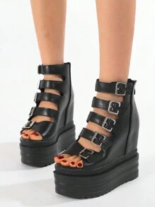 Gdgydh High Heel Wedge Thick Bottom Women's Shoes For Summer Nightclub Stage, Buckle Strap Platform Fashion Peep-Toe Sandals - Black - View 1