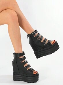Gdgydh High Heel Wedge Thick Bottom Women's Shoes For Summer Nightclub Stage, Buckle Strap Platform Fashion Peep-Toe Sandals - Black - View 3
