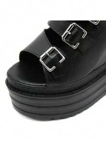 Gdgydh High Heel Wedge Thick Bottom Women's Shoes For Summer Nightclub Stage, Buckle Strap Platform Fashion Peep-Toe Sandals - Black - View 10