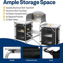 VIVOHOME Folding Camping Kitchen Table With Storage Organizer, 2 Side Tables, Stainless Steel Windscreen, Outdoor Portable Cook Station For BBQ, Picnics
