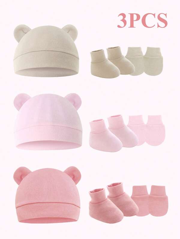 Conjunto de 3 piezas de gorro de punto suave de oso recién nacido, manoplas y botitas, para uso en interiores y exteriores
