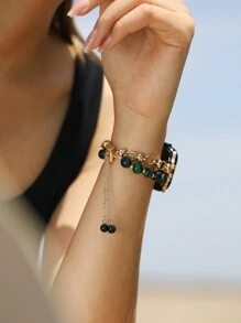 1pc Women's Dark Green Tiger Eye Beaded Bracelet Metal Band Compatible With 38/40/41/44/45/49/42/46mm Series 11/SE3/Ultra3/Ultra/SE/SE2/10/9/8/7/6/5/4/3/2/1