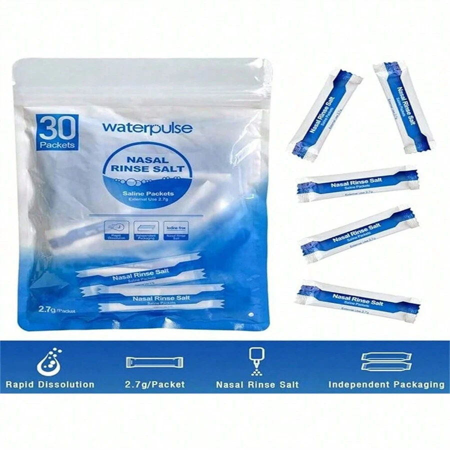 Sal para el lavado nasal, mezcla para enjuague nasal que alivia la rinitis alérgica, protector de la cavidad nasal, irrigación para adultos y niños, limpiador nasal 2,7g x 30 paquetes, el empaque del producto se enviará de forma aleatoria