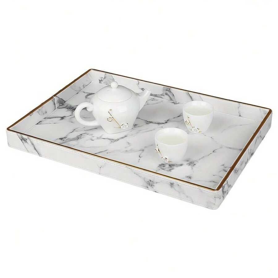 Large Rectangular Gold Rimmed White Marble Pattern Serving Tray, Decorative Tabletop Accessory - Black and White - View 1