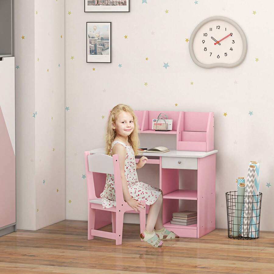 ZONEKIZ Kids Desk And Chair Set With Storage, For Ages 5-8 Years, 2 Piece Children Table And Chair Set - 粉色 - 查看 1
