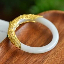 1 Vòng tay ngọc trắng tự nhiên, Bộ đá quý mạ vàng kèm vòng tay ngọc bích mềm thời trang, Đánh bóng thủ công, Trang sức nữ, Trang sức trang sức, Quà tặng cho gia đình, Quà tặng kỷ niệm ngày lễ. - F - Xem 2