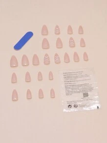 24pcs Long Almond Shaped Pink Romantic Gradient Bowknot Nail Stickers Set, Suitable For Women's Daily Wear In Spring And Summer To Enhance Your Style Press On Nails Nail Supplies